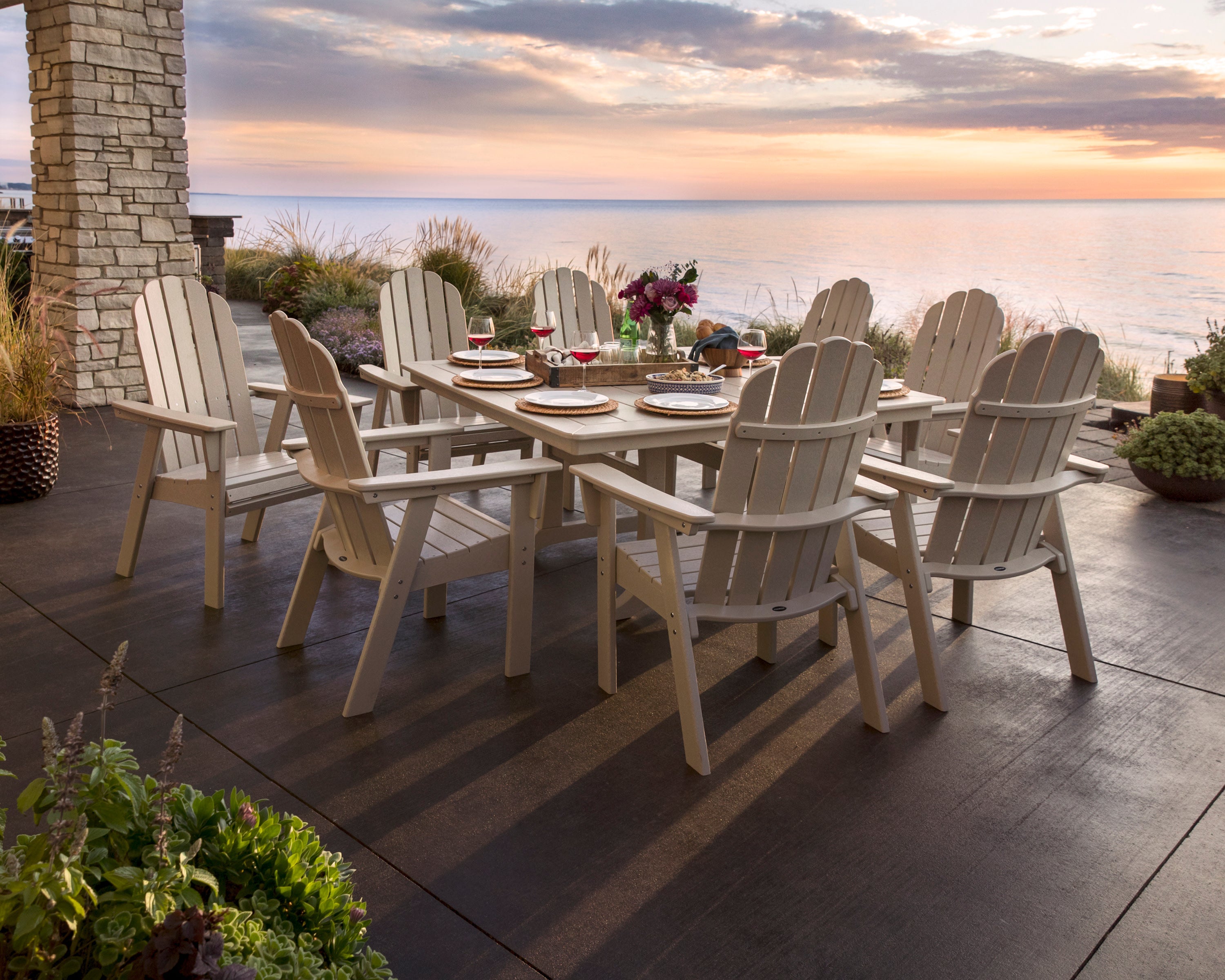 Vineyard Curveback Adirondack 9-Piece Nautical Trestle Dining Set